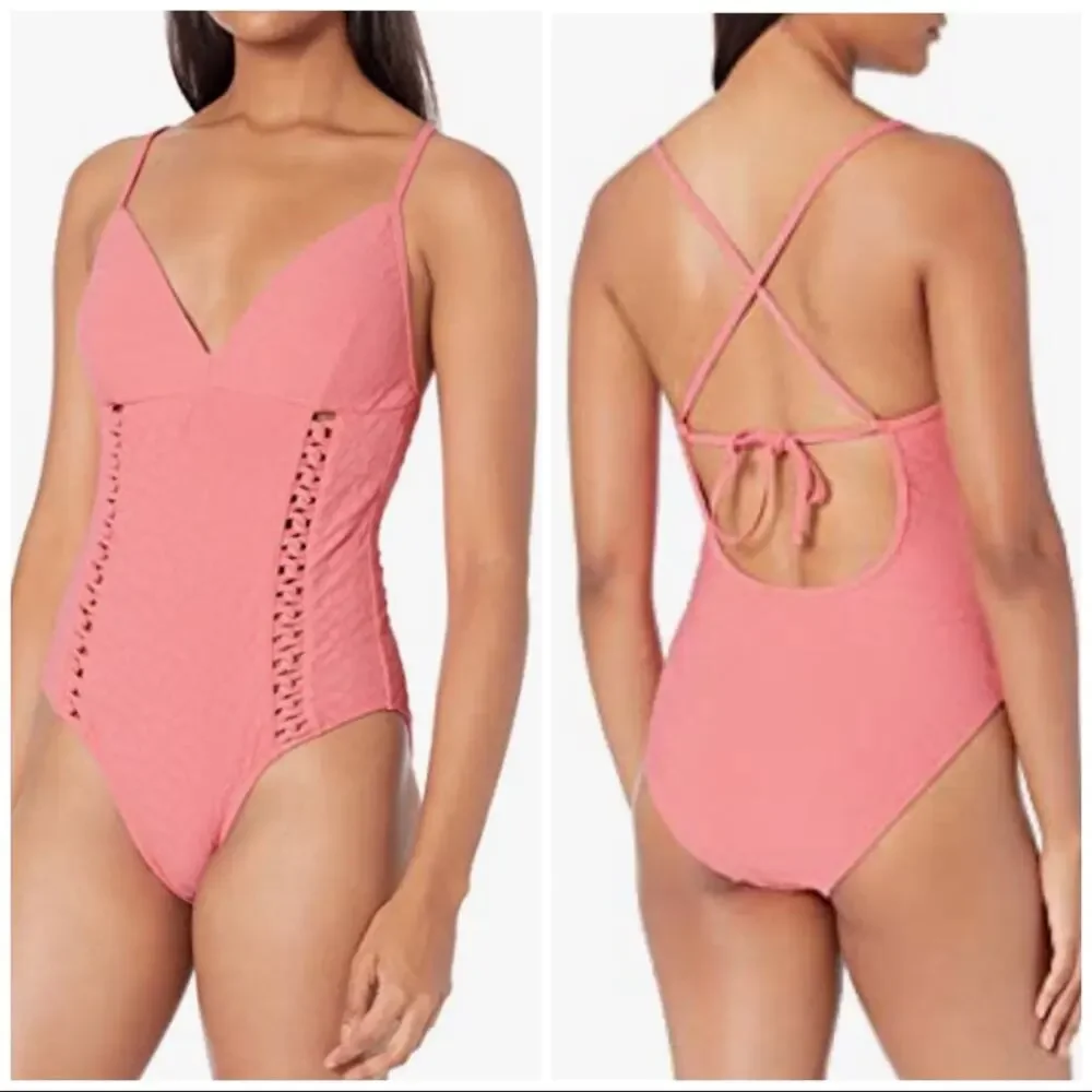 Jessica Simpson V Neck One Piece Swimsuit Pink